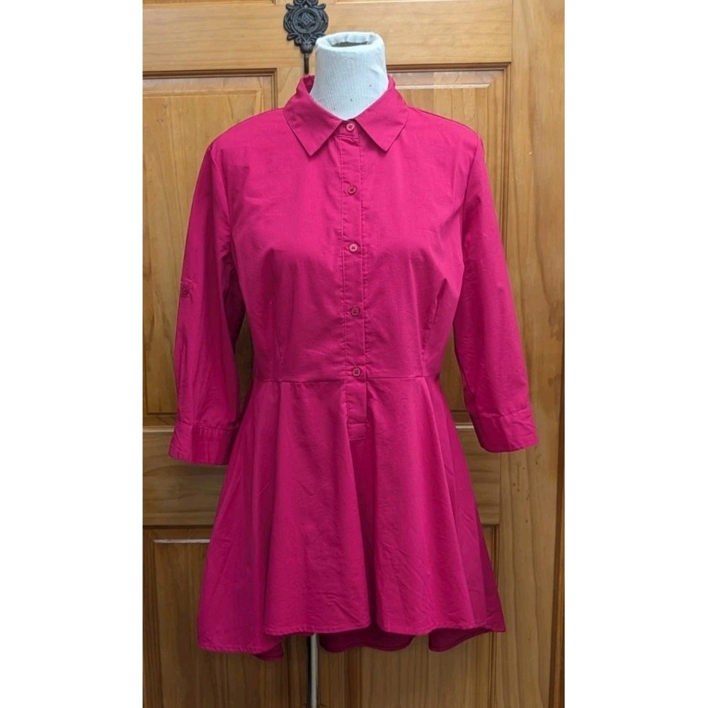 New York & Company Women's Large Top Hot Pink Button-Down Front Peplum Blouse